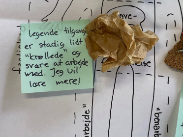 Post-it med refleksioner, hvor det sanselige objekt også indgår. I denne ses et sammenkrøllet stykke papir, med en tekst, der siger noget om, at det kan være krøllet og svært at inddrage legende tilgange.