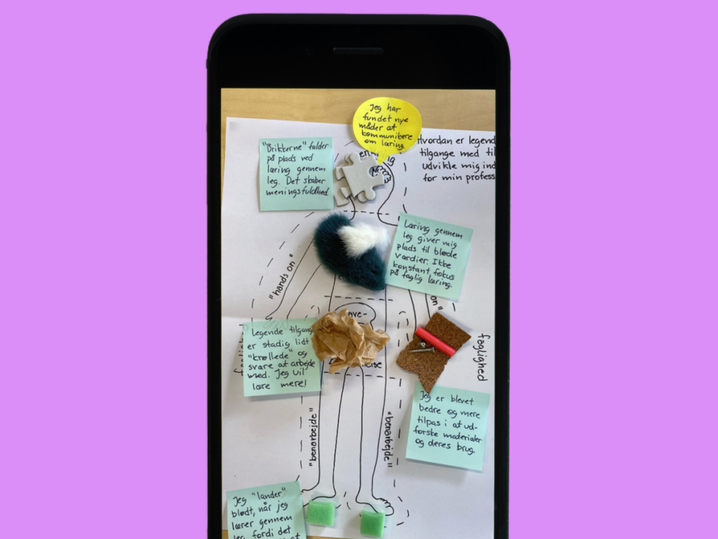 En iphone, hvor der er et billede af illustrationen med de forskellige materialer og post-its.