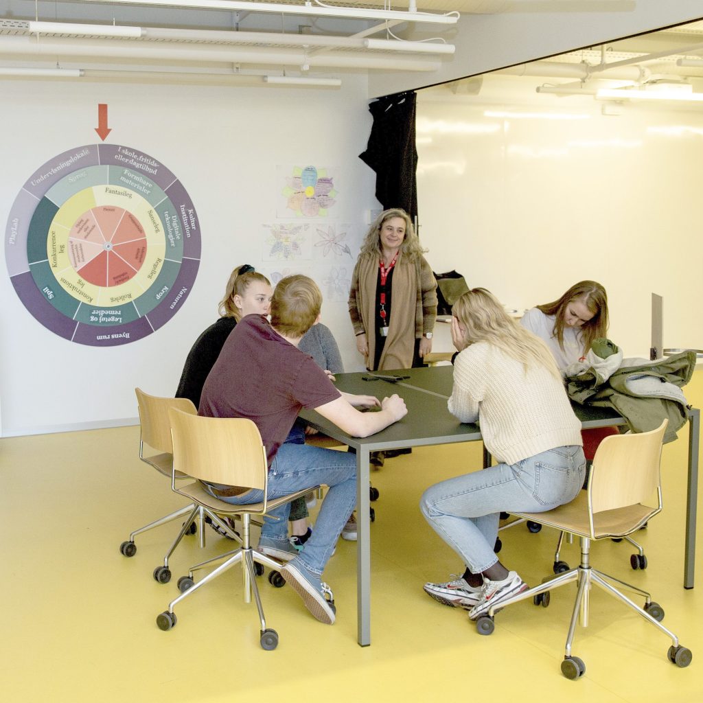 En lærer og flere studerende, som kigger på et playwheel, der hænger på væggen