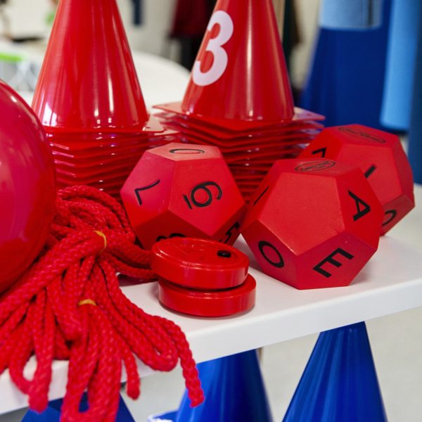 A number of materialities you can use in creating playful approaches to teaching. Among others you will find a ball, a rope, dices, cones and an hourglass