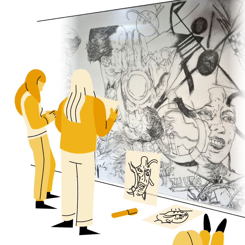 Tre studerende foran en væg med kunst på. De undersøger, skriver og tegner det, de ser.